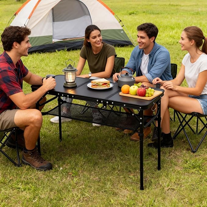 YihuiKo Folding Picnic Table with Storage Net, Matte Black Aluminum Folding Table 35" x 16", Adjustable Height Max 27.5", Lightweight Portable for Camping Travel Grill Indoor