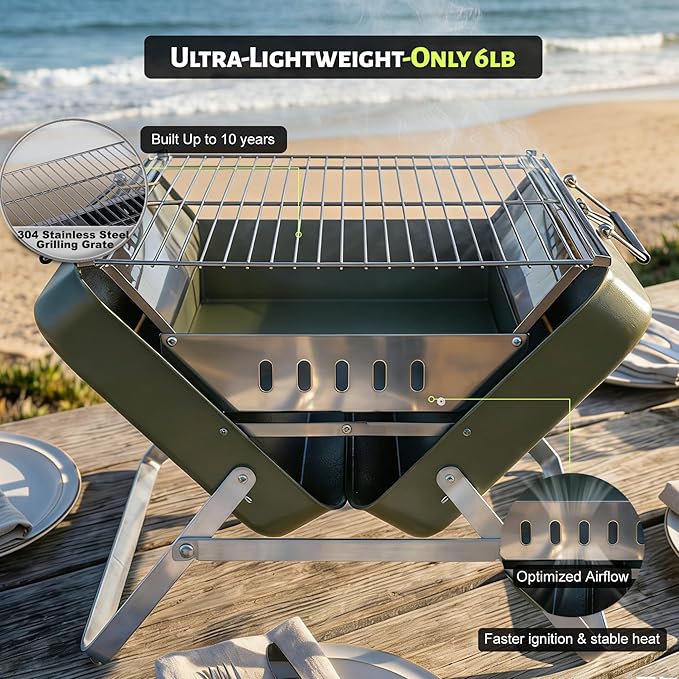 Ranger Plus Portable Charcoal Grill – Folding BBQ with Large Grilling Grate for Camping, Tailgating & Backyard | Serves 4–5, Full‑Grate Cooking Coverage, 304 Stainless Steel, 3‑Second Setup
