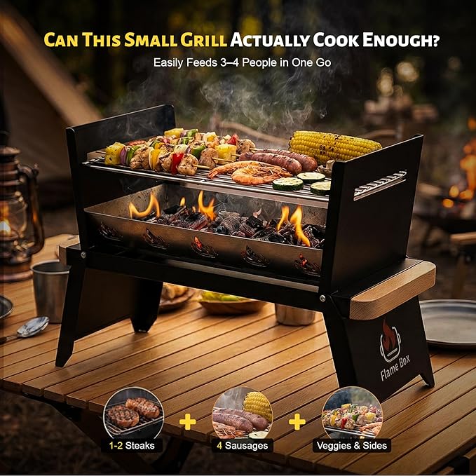 Nomad Portable Charcoal Grill – Ultra-Slim Folding BBQ for Outdoor Cooking, Camping & Travel | 304 Stainless Steel, Heat-Resistant Wood Handles, 3-sec Setup, Ready to serve 3-4 people