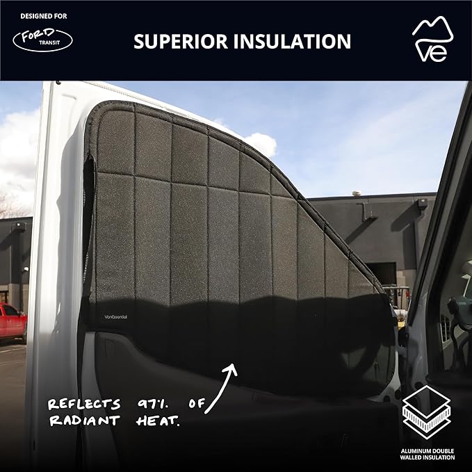 VanEssential Insulated Stealth Blackout Window Covers Designed for Ford Transit High/Medium Roof Front Door Windows (Pair) - Black