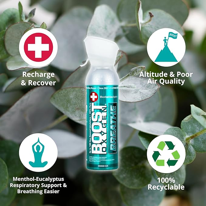 Boost Oxygen Medium Breathe Menthol-Eucalyptus Aroma 5L Canister | Respiratory Support for Altitude, Performance & Health (4 Pack)