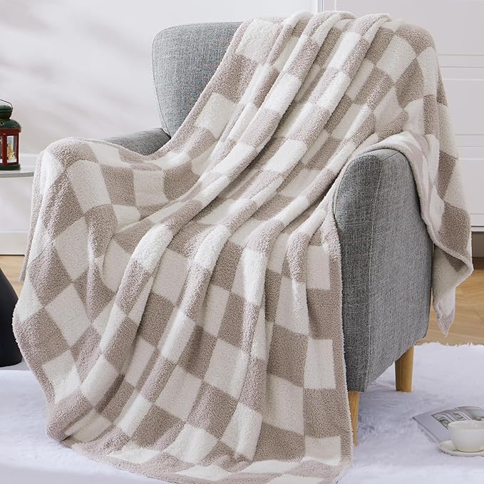 WRENSONGE Checkered Throw Blanket, Taupe Soft Cozy Fluffy Warm Throw Blankets for Couch, Sofa, Chair, Bed, Camping, Picnic, Office,Travel Lightweight Bed Blanket - 50"*60"