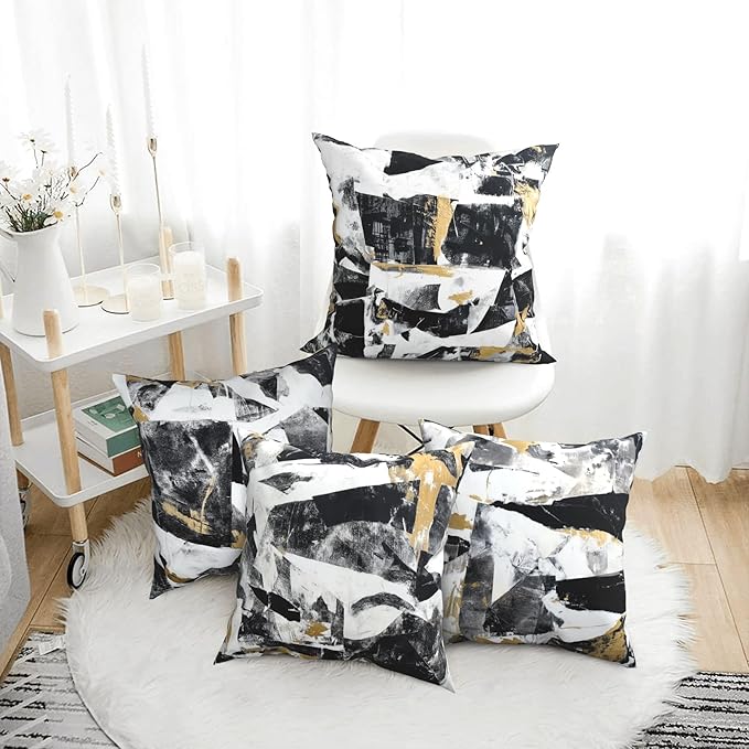 Black White Abstract Throw Pillow Covers 18 X 18 Inch Set of 4 Decorative Cushion Cover Home Decor for Sofa Chair Couch Bedroom Living Room