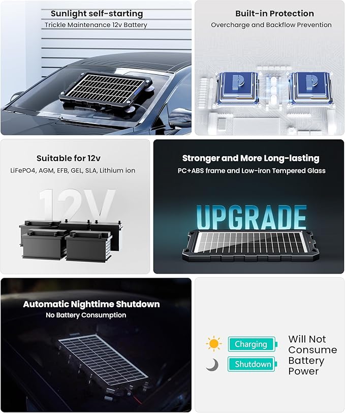 POWOXI-9W-Solar-Battery-Trickle-Charger-Maintainer -12V Portable Waterproof Solar Panel Trickle Charging Kit for Car, Motorcycle, Boat, Marine, RV, Trailer, Powersports, Snowmobile, etc.