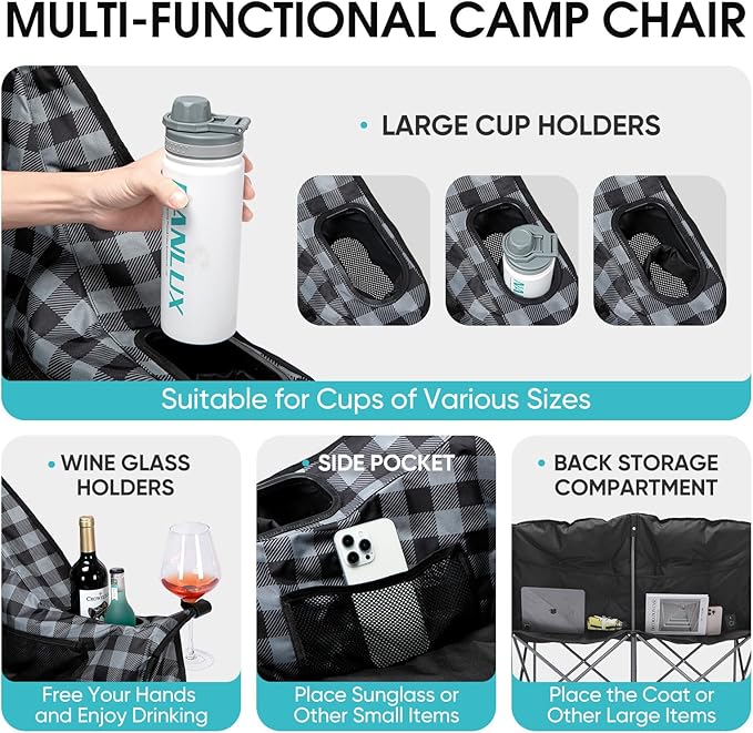 Bolosy Double Camping Chair Padded Loveseat Camping Couch Oversized 2 Person Camp Chairs for Adults Heavy Duty Two Person Folding Lawn Chair Camping Sofa with Cup Holders, Plaid