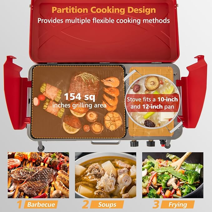 Giantex Portable Propane Grill & Camping Stove, 20,000 BTU Gas Camping Grill Burner, Independent Temperature Control, 3-Sided Wind Guard, Detachable Legs, for BBQ, Tailgating, Outdoor Cooking (Red)