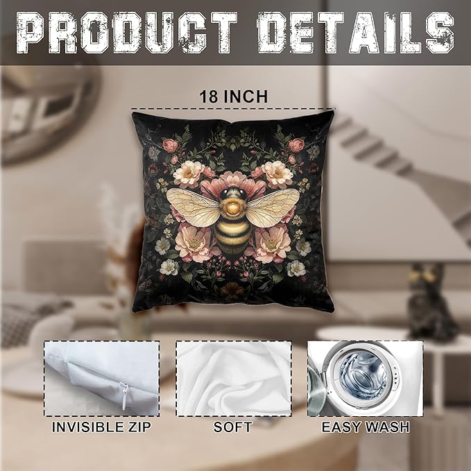 Vintage Moody Floral Bumblebee Pillow Covers 18x18, Dark Cottagecore Decor, Dark Academia Botanical Wildflower Honey Bee Decorative Throw Pillow Covers for Home Bedroom Living Room