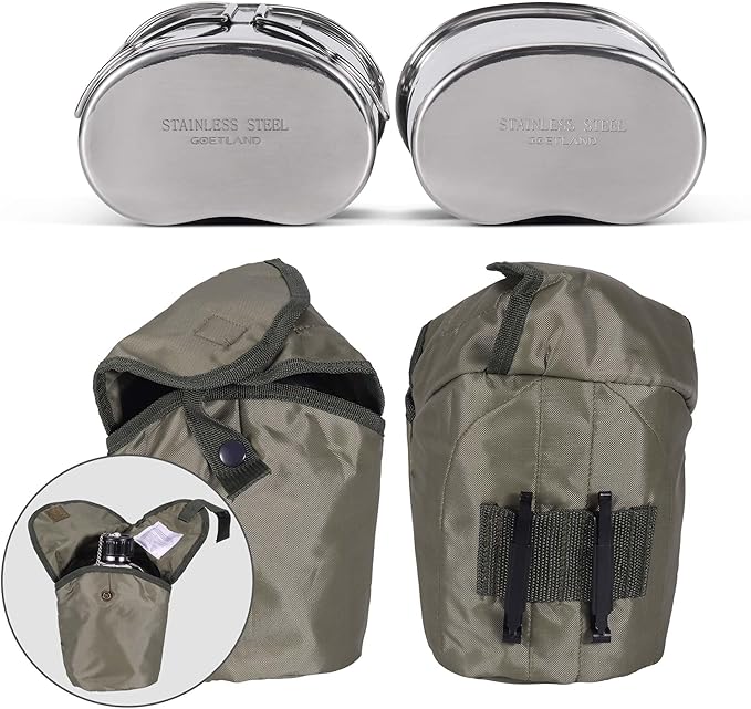 Goetland Stainless Steel WWII US Army Canteen Water Bottle Military Canteen Kit 1.3QT with 0.6QT Cup Nylon Pouch G.I.