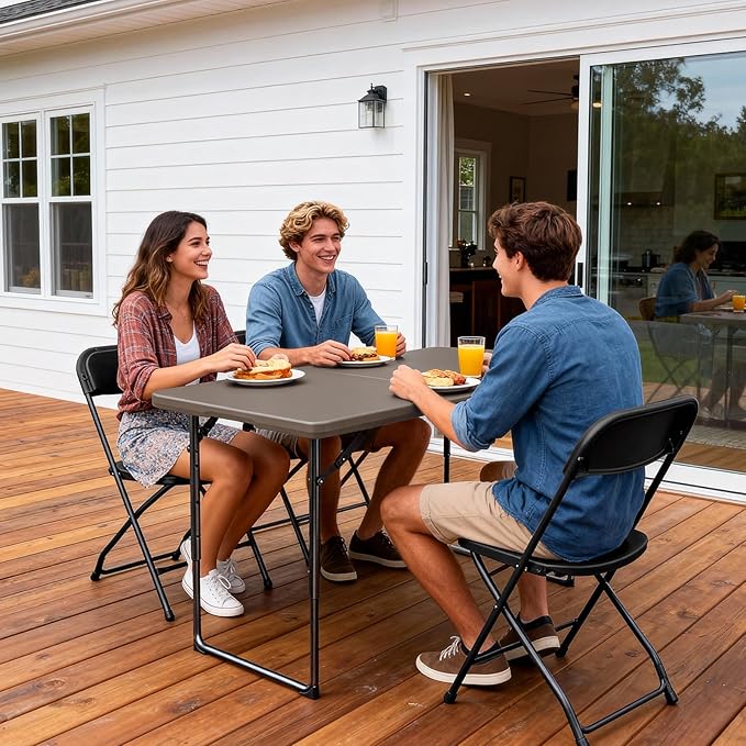 Folding Table 48" x 24" - Heavy Duty Fold-in-Half Plastic Table with Adjustable Height, Portable Utility Tables with Steel Legs for Indoor, Outdoor, Picnic, Camping, Dining, Party (Khaki)