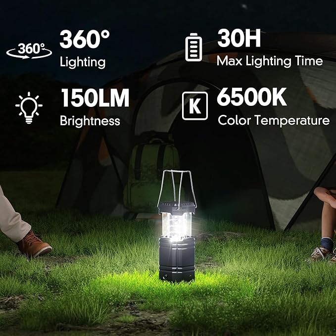 4 Pack Rechargeable Emergency Lanterns for Power Outages, USB-C & Solar Backup, Lantern Flashlight Combo, 1600mAh, 30H Runtime, Compact Hanging Lights for Camping Tent