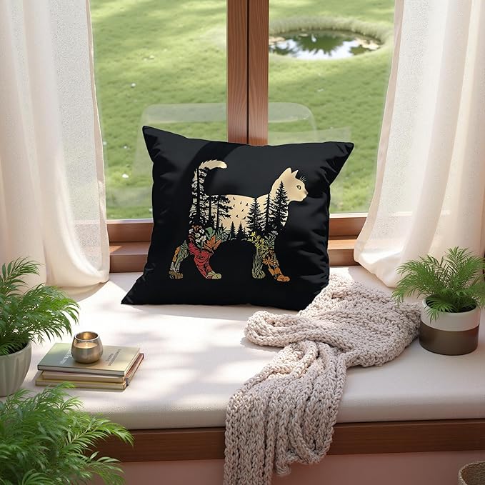 Boho Forest Cat Pillow Cover 18x18, Cat Lover Mom Lady Gifts, Nature Forest Tree Wildflower Floral Kitty Decorative Throw Pillow Cover for Home Bedroom Living Room Sofa Couch