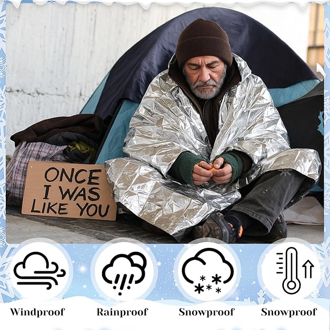 Cutecrop 120 Pcs/60 Sets Homeless Care Package Supplies Bulk Winter Beanie Hat Emergency Thermal Blankets for Charity Donation