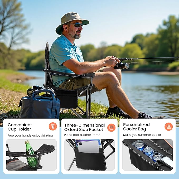 HIGH POINT SPORTS Oversized Portable Camping Folding Chair, Heavy Duty Foldable Outdoor Chair, Camp Chair with Cup Holder and Cooler Bag Support 450 LBS, Black…