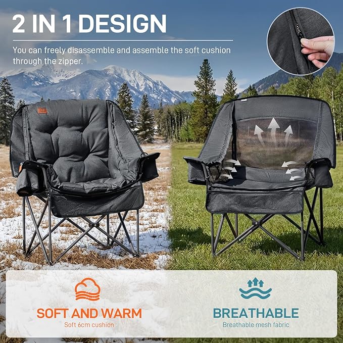 EVER ADVANCED XL Camping Chair with Detachable Cushion, Mesh Chair for Adults Foldable, Oversized Heavy Duty Folding Chair with Cooler Mesh Pocket Cupholder Outdoor Fishing, Supports 400LBS Black