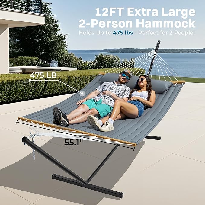 SUPERJARE Hammock with Stand, 2 Person Quilted Outdoor Hammock, Detachable Pillow & Bamboo Spreaders, Portable Hammock with Carrying Bag, Heavy Duty Stand, Perfect for Outside, Patio, Neutral Gray