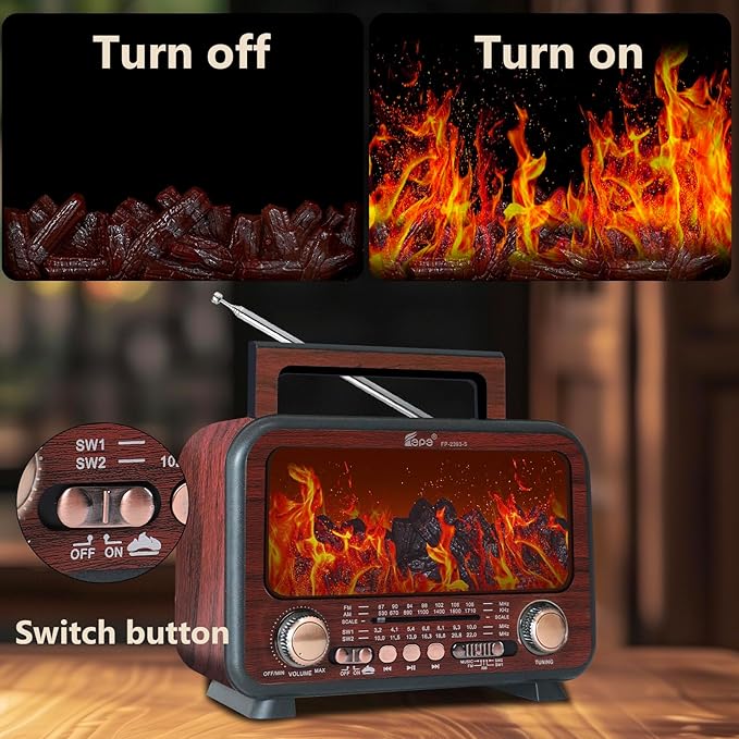Retro Portable Radio AM FM SW Shortwave Radio with Bluetooth Speaker,Flame Atmosphere Lamp Battery Operated,SUB Charging, TF Card (Maroon)