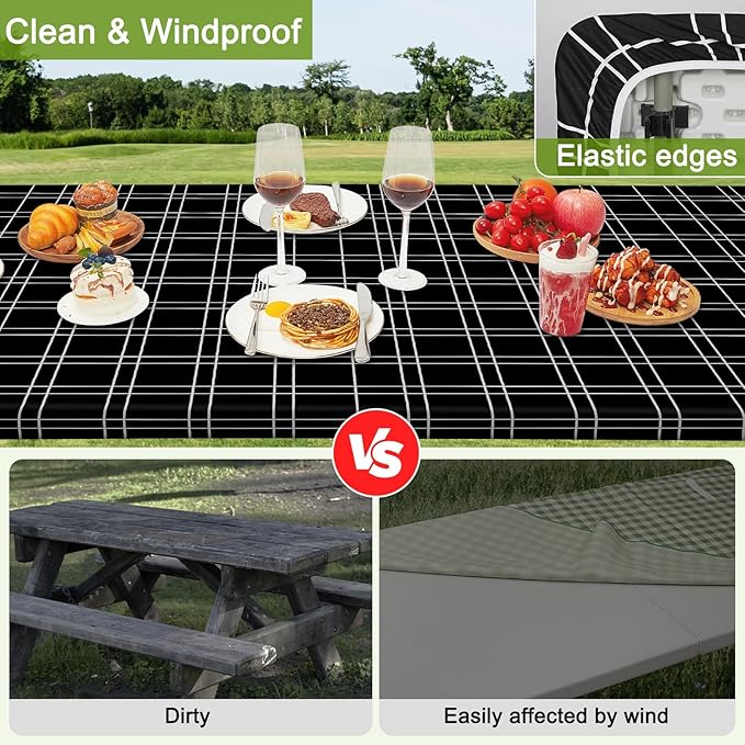 Picnic Table Cover with Bench Covers Portable Table Cloth Built-in Storage Pocket Fitted Tablecloth with Elastic Edges Waterproof Camping Essentials for Indoor Outdoor Rv,72in,Black