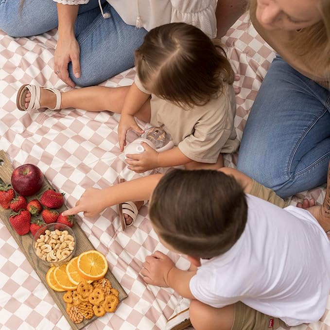 Tiny Twinkle Waterproof Picnic Blanket | 5'x7' 100% Recycled Polyester, Sandproof, Foldable, Portable for Beach, Camping, Travel (Beige Checkers)