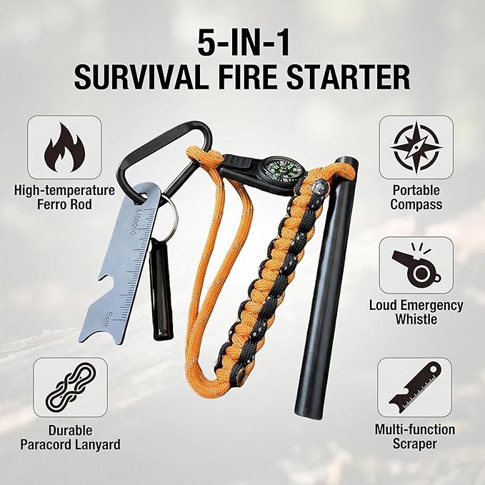 Ferro Rod Fire Starter with Compass, 3/8 Inch Thick Magnesium Ferrocerium Rod，Fire Starter Survival Tool with Multi-Tool Long Strikes, Flint Fire Starters for Camping & Hiking,Outdoor Emergency Kits.
