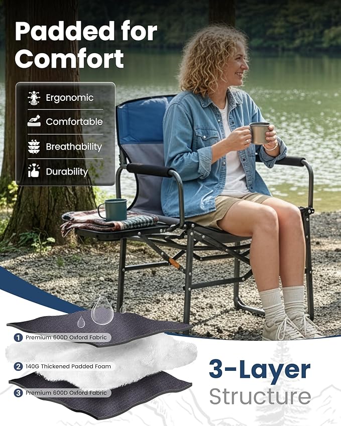 KingCamp Oversized Camping Directors Chair with Side Table, Compact Design Heavy Duty 440lbs, Folding Portable Padded Camp Chairs with Extra Wide Seat & Anti-Sag Fabric for Outdoor Fishing Sports Lawn
