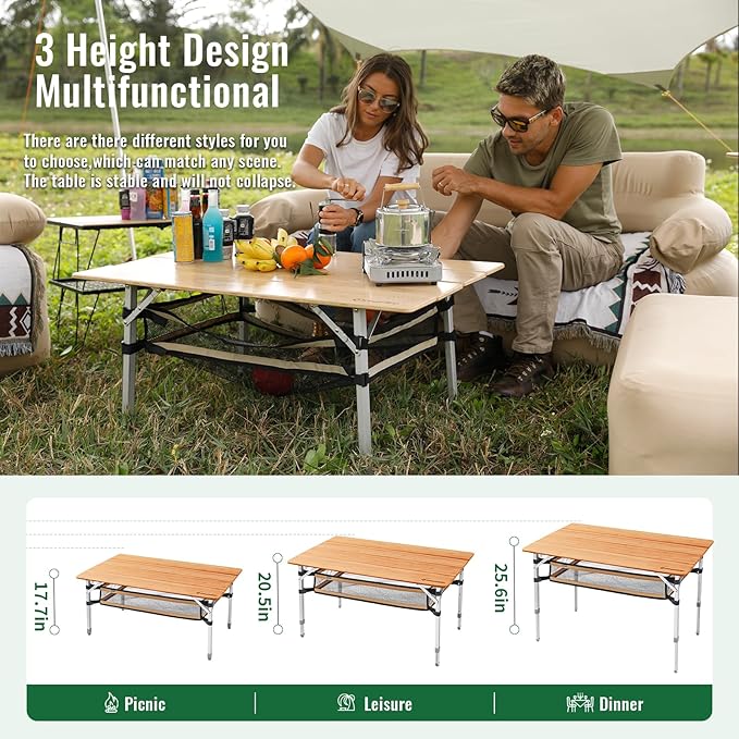 KingCamp Bamboo Folding Camping Table Adjustable. Supports 176lbs with A Premium Bamboo Top and 3 Adjustable Heights, Ideal for Stable Dining or Cooking at Picnics, RVs, and Glamping Sites