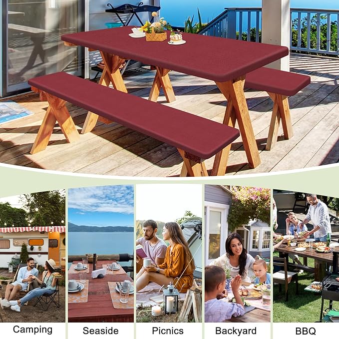 Picnic Table Cover with Bench Covers Portable Table Cloth Built-in Storage Pocket Fitted Tablecloth with Elastic Edges Waterproof Camping Essentials for Indoor Outdoor Rv,72in,Red Texture