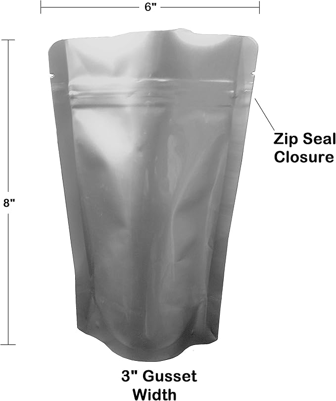 7 Mil Zip Top Mylar Bags Stand Up Gusseted Pouch in Multiple Sizes (50, 1 PINT 6 x 8)