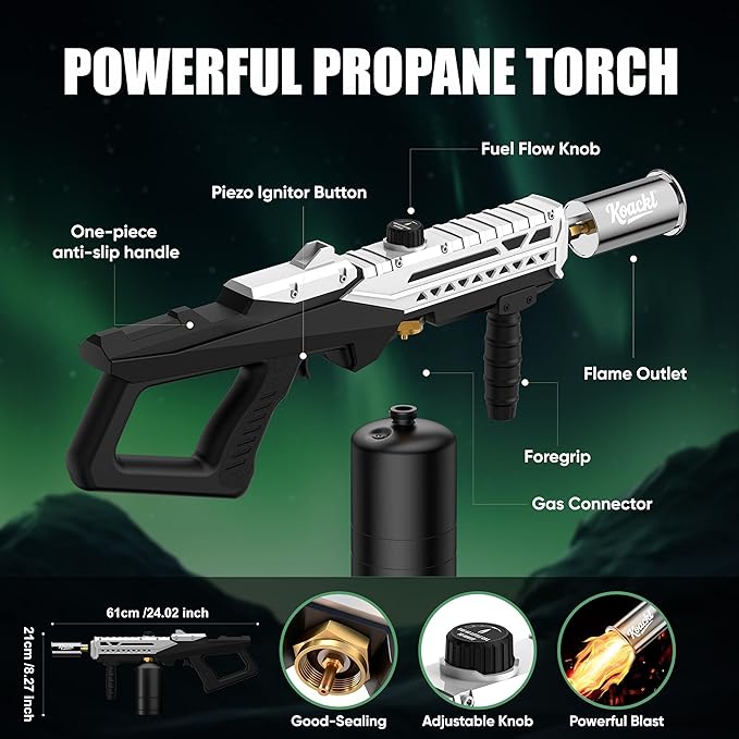 KOACKL Powerful Propane Torch Gun, Kitchen Torch with Adjustable Flame, Flamethrower Blow Torch Gun, Gas Welding Kits for BBQ, Searing Steak, Camping & Charcoal Torch Lighter(Tank Not Included)