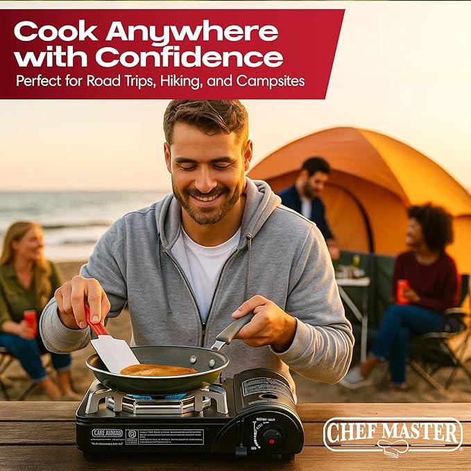 Chef-Master 90011 Butane Countertop Stove, 10 000 BTU Portable with Carry Case, High Performance, Piezo Ignition, Brass Burner, Safety Stop