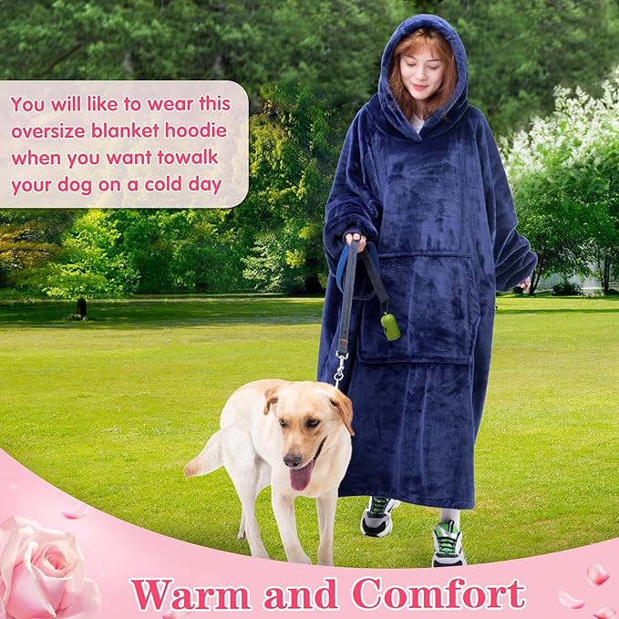 Waitu Wearable Blanket Sweatshirt Gifts for Women and Men, Warm and Cozy Giant Blanket Hoodie, Thick Flannel Blanket with Sleeves and Giant Pocket - Navy