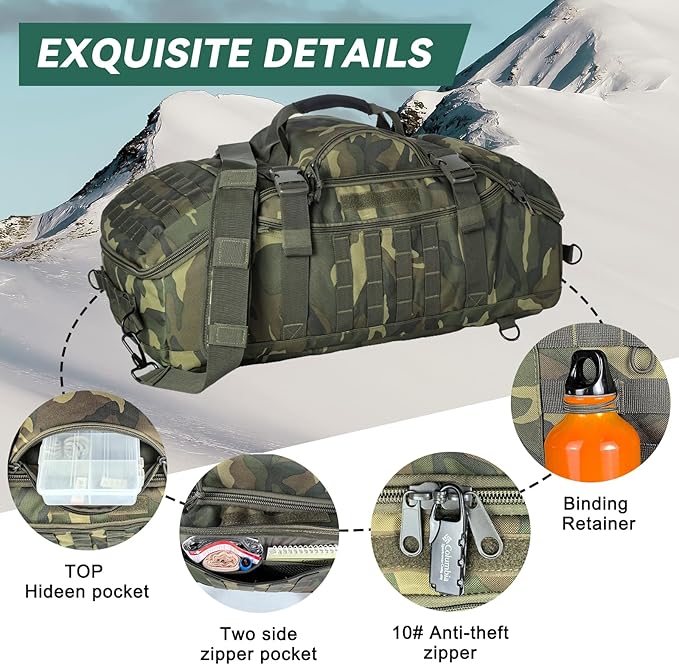 Hannibal Tactical 55L Large Duffle Bag, 3-in-1 Tactical Backpack MOLLE Pack for Sports, Gym, Outdoor, US Woodland