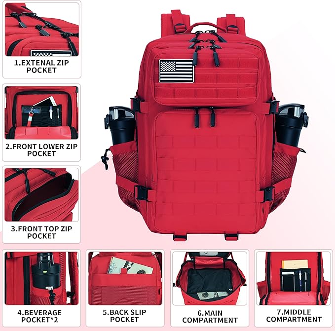 Lovelinks21 45L Tactical Assault Backpack 3 day assault pack with Molle Waterproof backpack Rucksack for Tactical Backpacks (Red)