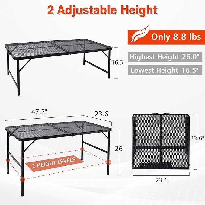 JOUYEK Folding Grill Table, 4x2 FT Portable Camping Table, Lightweight Height Adjustable Metal Tables with Mesh Desktop and Mesh Bag, Outdoor Tables for Camping, Picnic, Beach and BBQ, Black
