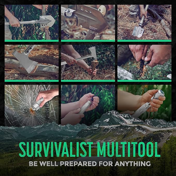 Survival Shovel and Camping Axe – Stainless Steel Tactical Survival Multi-Tool and Survival Hatchet Equipment for Outdoor Hiking Camping Gear, Hunting, Backpacking Emergency Kit(Silver)