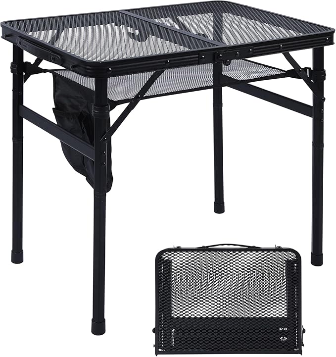 JOUYEK Camping Table, 2x1.3 FT Portable Folding Grill Table, Lightweight Height Adjustable Metal Tables with Mesh Desktop and Mesh Bag, Outdoor Tables for Camping, Picnic, Beach and BBQ, Black