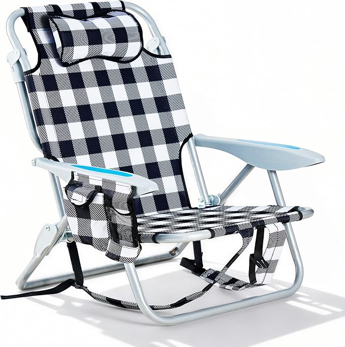 Portable Beach Chair for Adults, Outdoor Camping Chair Lay Flat Folding Backpack Beach Reclining Chair with 5 Positions, Headrest, Cup Holder, Heavy Plaid