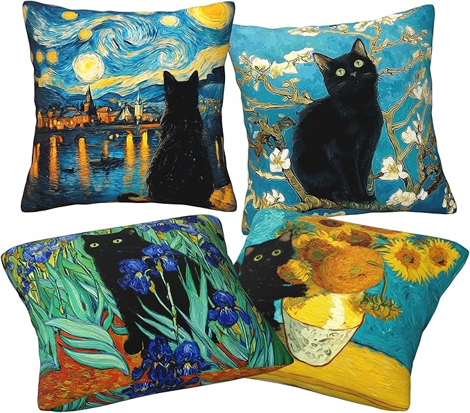 Black Cat Throw Pillow Covers 18 X 18 Inch Set of 4 Decorative Cushion Cover Home Decor for Sofa Chair Couch Bedroom Living Room