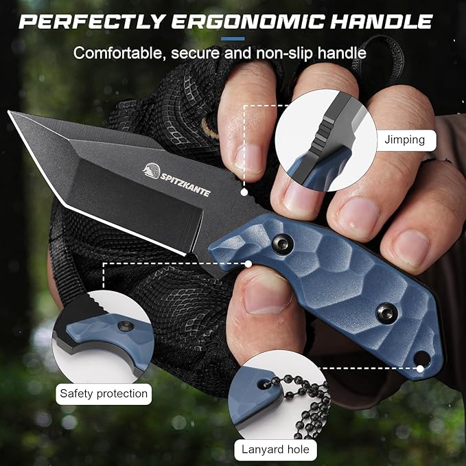 3.07" Small Neck Knife X-TAN-K, Horizontal Carry Knife with Sheath and Necklace, Full Tang Tanto 5Cr14MoV Steel Blade, Blue ABS Handle