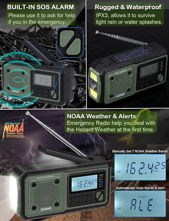 ZHIWHIS Emergency Radio, NOAA Weather/AM/FM Portable Hand Crank Solar Radios with SOS Alarm, Battery Powered and Built-in 5000mAh Li-Battery, Flashlight/Reading Lamp/Alerts for Emergencies ZWS-376