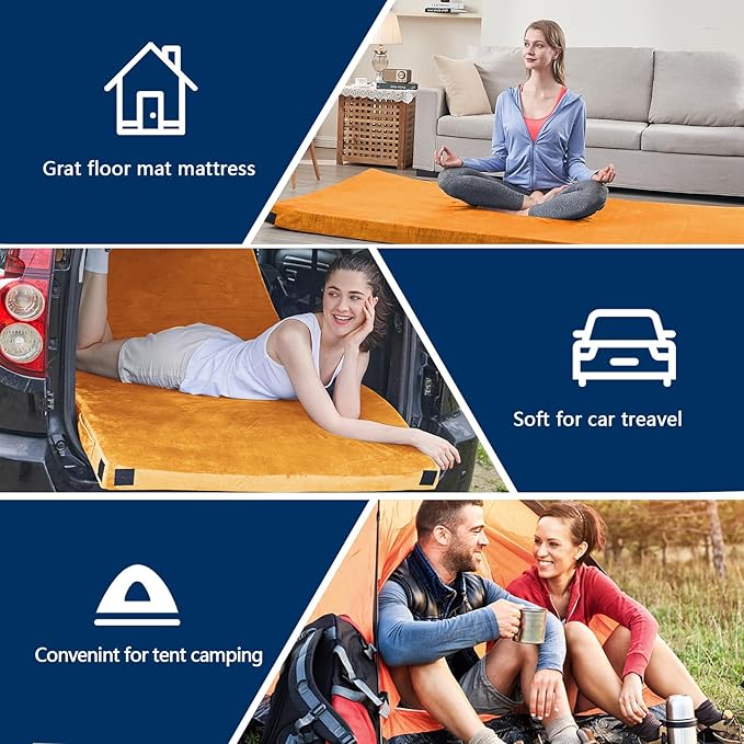 CYMULA Memory Foam Camping Mattress Pad, CertiPUR-US Sleeping Mat, Portable Roll Up Mattress for Adults, Camping Bed Pads for Sleepover, Car Bed with Travel Bag