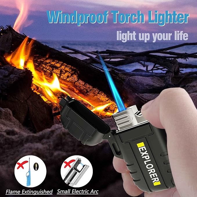 Torch 2 Pack Windproof Outdoor Gas Lighter - Adjustable Jet Flame, Fireplace, Fireworks, Grill, Camping, BBQ Lighter - Gifts for Men (Black+Camo) (Without Butane)