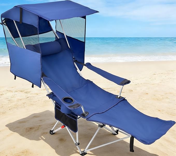 East Oak Reclining Camping Chair with Canopy & Foot Rest | 4-Position Folding Beach Chair with Adjustable Canopy, Detachable Foot Rest, Supportive Headrest, 330 lbs Canopy Chair