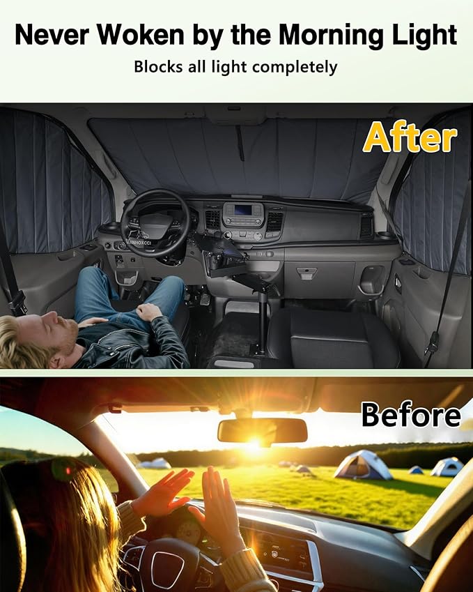 Insulated Blackout Windshield Cover for Privacy & Sun Protection, All-Season Van Life Camping Window Shade, Fit for Ford Transit 150 250 350 Medium/High Roof 2015-2025, Gray