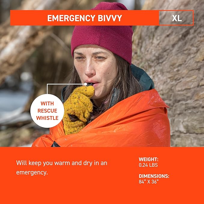 S.O.L. Survive Outdoors Longer SOL Emergency Bivvy XL w/Rescue Whistle - Reflects up to 90% Body Heat - Waterproof Emergency Blanket for Survival Gear - 84" x 60" - 5.8 oz - Orange