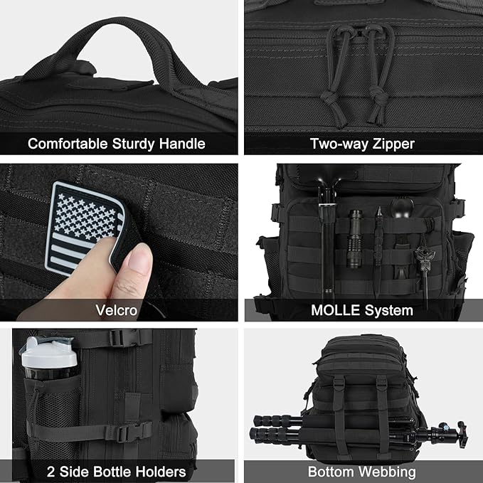 Military Tactical Backpack 25L Day Backpack for Men Molle Army 3 Days Assault Pack Bug Out Bag Water Resistant and Heavy Duty Hiking Treeking Rucksack - Black