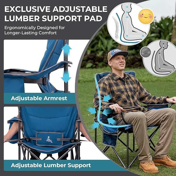 FUNDANGO Oversized Camping Chairs for Adults, Heavy Duty Fold Up Sports Games Lawn Chairs, Extra Wide Big Man Outdoor Chairs with Padded Lumbar Support Backrest, Bag Included for Camp, Beach, 2 Pack
