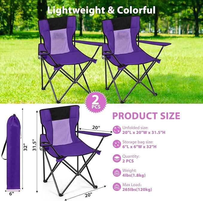 Shellwei 2 PCS Folding Camping Chair with Cupholder and Carry Bag Regular Size Colorful Breathable Portable Lightweight Lawn Chair with Side Pocket for Fishing Hiking Beach Outdoor Activity