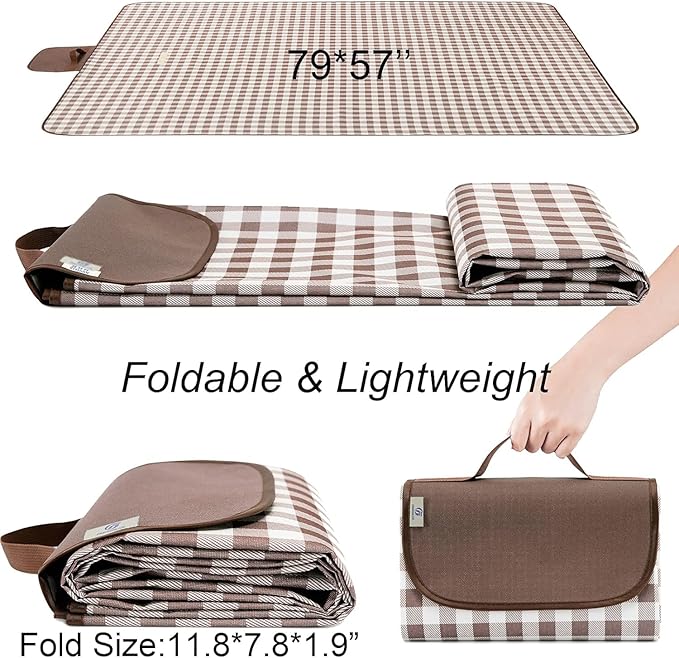HX&OD Picnic Blanket Outdoor Extra Large Picnic Mat 80"X60" Camping Blanket Beach Blanket Foldable Waterproof Sand Mat Hiking Travel Family Concerts(Brown)