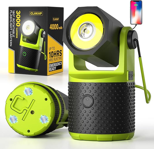 CLAKAP LED Camping Lantern, 3000Lumens Rechargeable 180°Rotatable Flashlight Lantern, Portable Camping Light with 4000mAh Phone Charger, IPX4 Waterproof Lanterns for Power Outages Hurricane