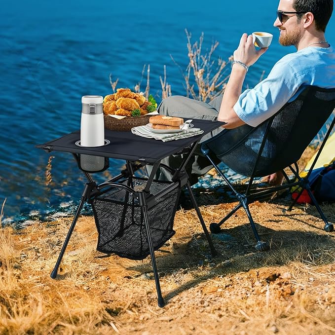 Anbte Ultralight Portable Camping Table, 3.2lb Folding Camping Table with Cup Holders & Storage Net, 20in Height for Camping Hiking Tailgating Beach Picnic Travel Patio, 23" x 16", Black